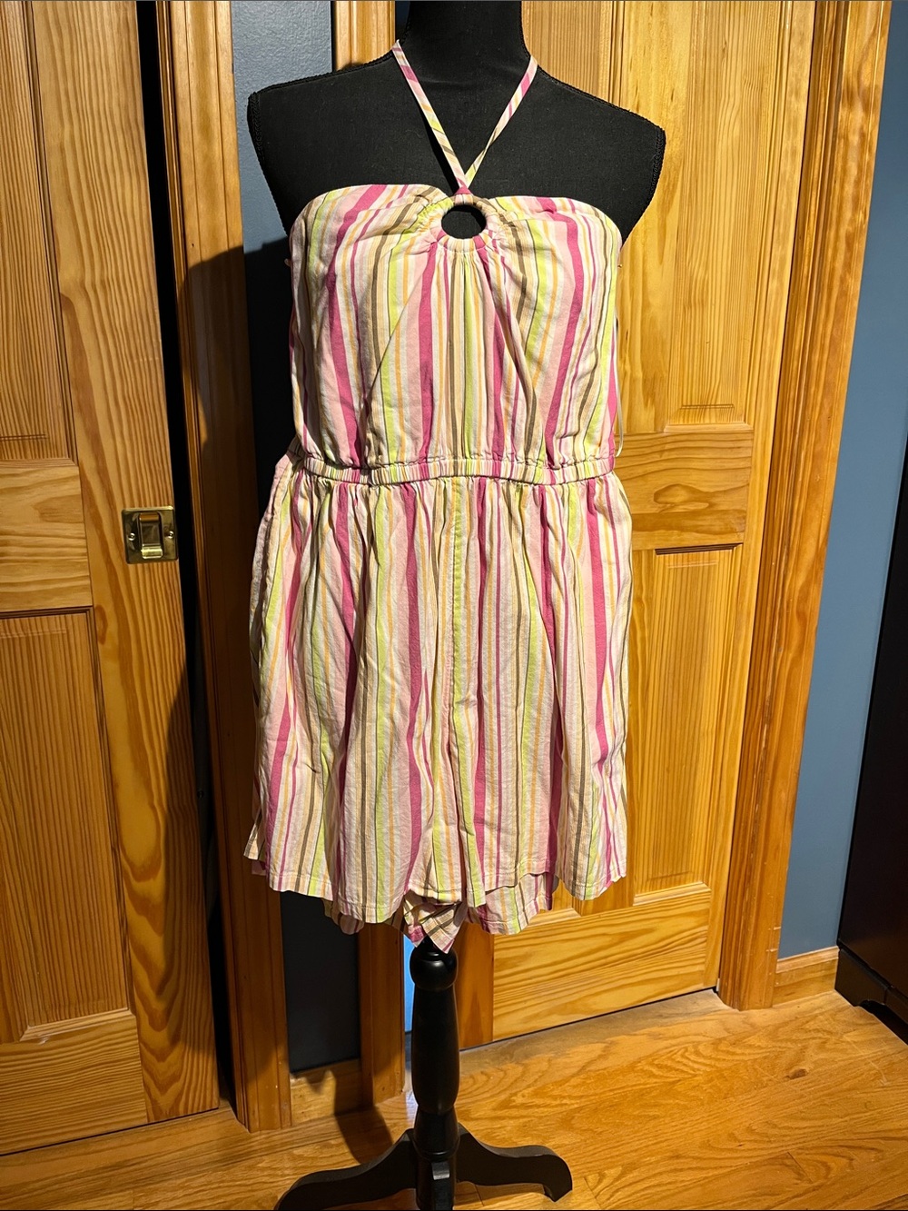 Old Navy Pink, Cream & Lime Striped Halter Romper size M